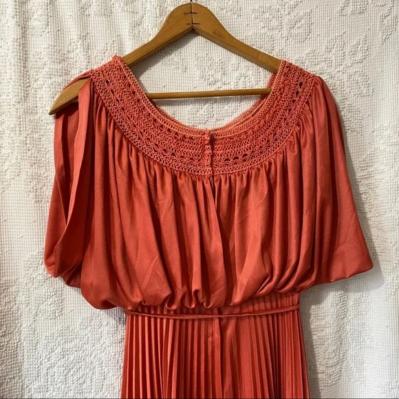 Vintage 70's Pleated Maxi Dress Off the Shoulder Sleeve Crochet Trim Satin - Picture 13 of 16